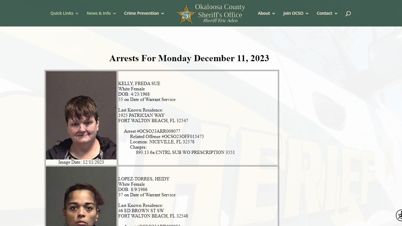 Arrest Information | Okaloosa County Sheriff's Office
